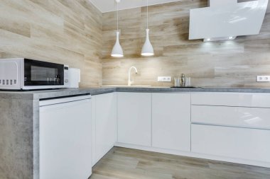 Modern lüks mutfağın içinde stüdyo dairelerde açık renkli minimalist tarzda.