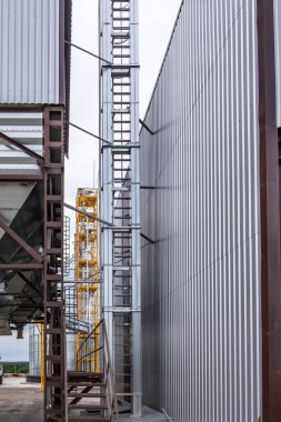 Modern Granary asansörü. Tarım işleme ve imalat tesisinde tarım ürünleri, un, tahıl ve tahıl işleme ve depolama için gümüş silolar. 