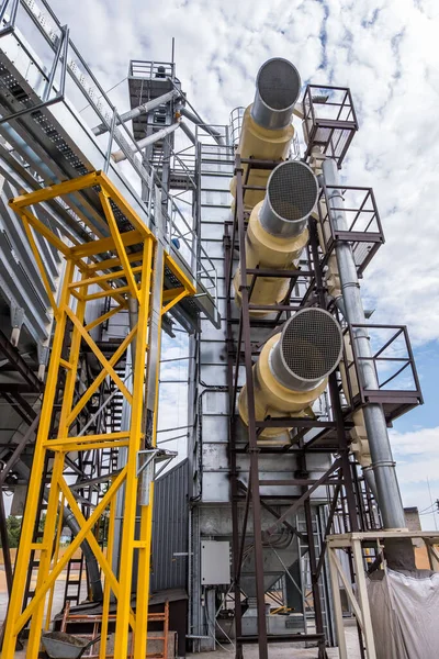 Modern Granary asansörü. Tarım işleme ve imalat tesisinde tarım ürünleri, un, tahıl ve tahıl işleme ve depolama için gümüş silolar. 