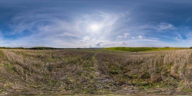 full seamless spherical hdri panorama 360 degrees angle view on among fields in summer day with awesome clouds in equirectangular projection, ready for VR AR virtual reality content clipart