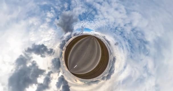 Revolves Road Fields Beautiful Sky Gray Clouds Little Planet Transformation — Stock Video