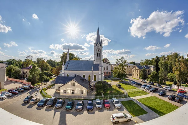 Grodno Belarus August 2020 Parking Lot Cars German Church Sunny — Stock Photo, Image