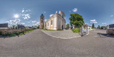 Full seamless spherical hdri panorama 360 degrees angle near facade of decorative medieval style architecture baroque church in equirectangular spherical projection with zenith and nadir. vr content clipart