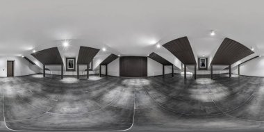 empty white room with mansard without furniture. full spherical hdri panorama 360 degrees in interior room in modern apartments,  office or clinic in equirectangular projection clipart