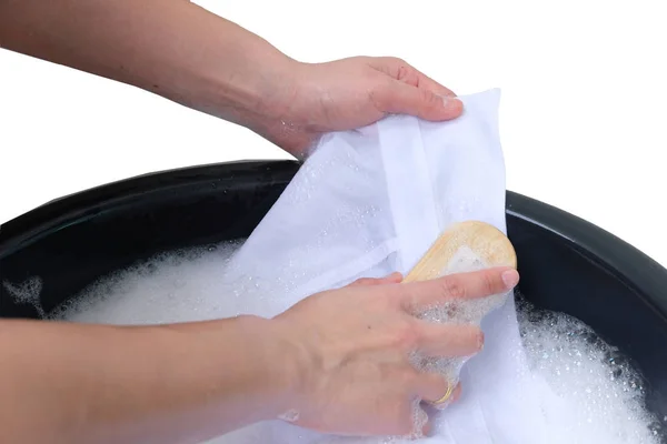 Kobieta Myje Ubrania Ręcznie Wodzie Mydłem Izolowana Białym Tle — Zdjęcie stockowe