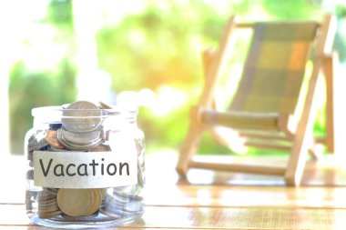 Vacation budget concept. Vacation money savings concept. Collecting money in moneybox for Vacation. Money jar with coins and beach chair clipart