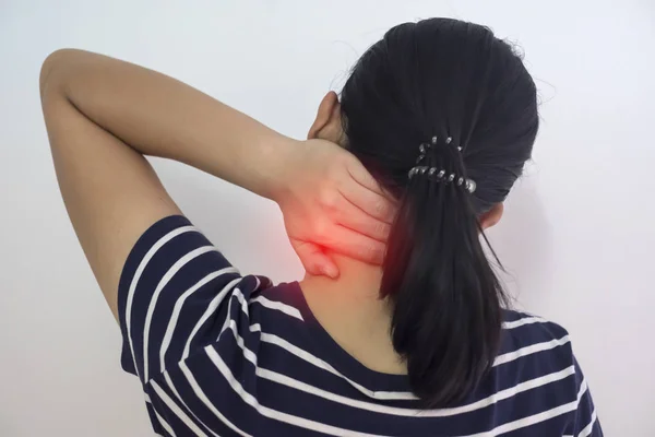 Asian Woman with muscle injury having pain in her neck.