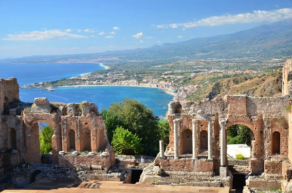 Zříceniny Starověkého Řeckého Amfiteátru Taormině — Stock fotografie