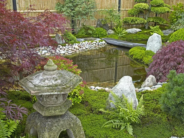 Traditioneller Japanischer Wassergarten Mit Pflanzen Sträuchern Steinen Und Steinlaterne — Stockfoto