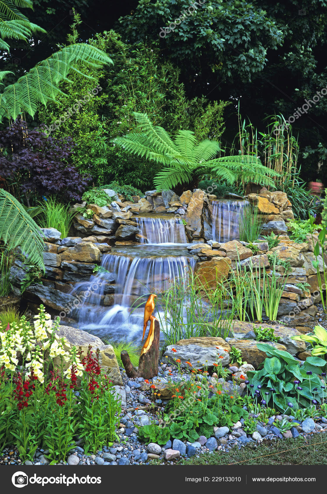 Waterfall Rock Pool Water Garden Tree Fern Stock Photo