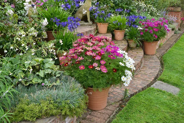 五颜六色的花园露台 混合花坛和种植的容器 在一个乡村房屋的正面做一个非常吸引人的展示 — 图库照片