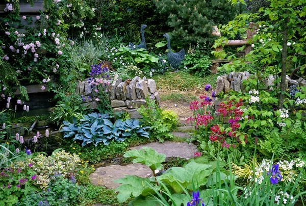 Cottage Garden Mixed Planting Drystone Wall — Stock Photo, Image