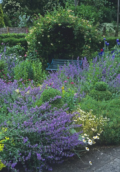 Banco de jardín bajo arco de madreselva en un jardín campestre — Foto de Stock