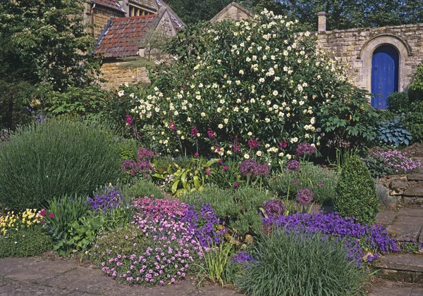 Kolorowe letnie kwietne łóżko w otoczonym murem ogrodzie wiejskim domu — Zdjęcie stockowe