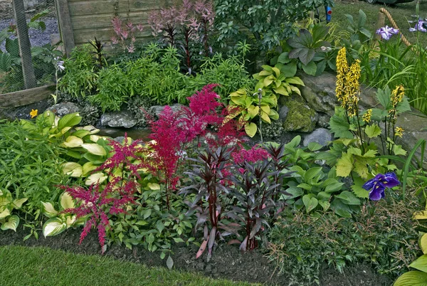 A small water feature in a decorative flower border with hostas — Stock Photo, Image