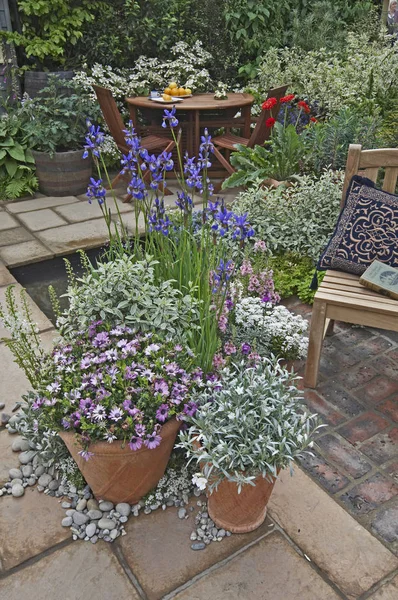 Sitzgelegenheiten und Essen im Freien in einem kleinen Patio-Garten mit bepflanzten Containern auf der Terrasse — Stockfoto