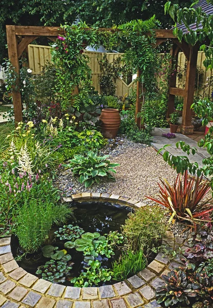 Giardino urbano con piccolo specchio d'acqua, pergolato e ampia scelta di piante e fiori — Foto Stock