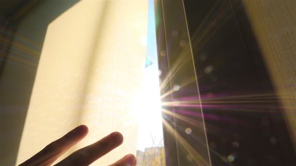 The hand opens the curtain. Sun rays. Slow motion — Stock Video