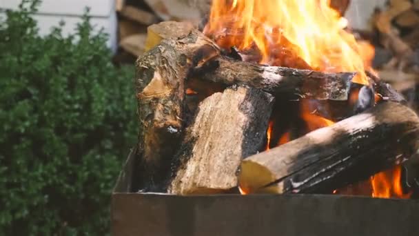 Burning firewood thought. Beautiful flame of fire. Close-up. Slow-motion. Camera in motion — 图库视频影像