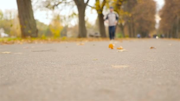 Мужчина бежит по дороге. Прекрасный осенний парк. Медленное движение — стоковое видео