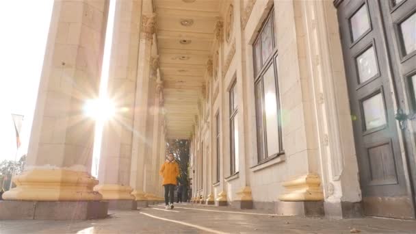 La chica camina más allá de hermosas columnas históricas. Cámara en movimiento. Edificio alto. Rayos solares. En cámara lenta. Ucrania. Kiev. 11.07.18 Parque VDNH — Vídeos de Stock