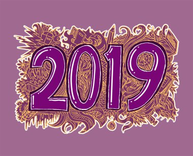 Yıl 2019, elle çizilmiş Doodle kroki, izole illüstrasyon vektör, renkli