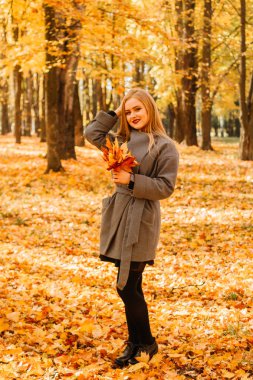Genç kız sonbahar park paltolu. Ağaçlar sarı yapraklarda.