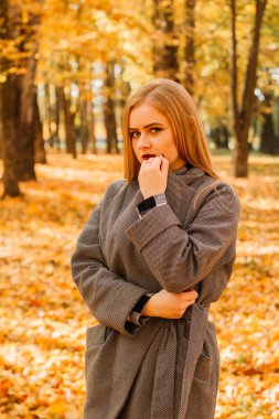 Genç kız sonbahar park paltolu. Ağaçlar sarı yapraklarda.