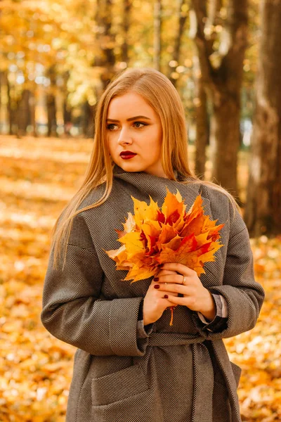 Junges Mädchen Mantel Herbstpark Gelbe Blätter Den Bäumen — Stockfoto