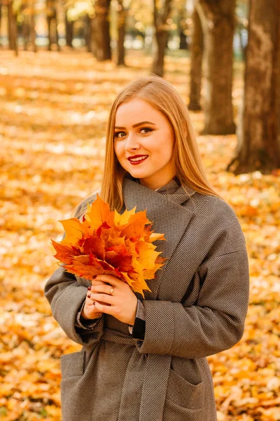 Młoda Dziewczyna Płaszcz Jesienny Park Żółte Liście Drzewach — Zdjęcie stockowe