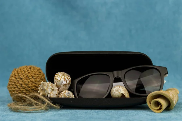 Schwarze Sonnenbrille Mit Muscheln Und Einem Seilball Auf Blauem Hintergrund — Stockfoto
