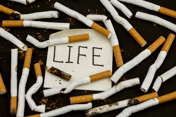 世界禁煙デー 喫煙を止めます タバコとニコチンを停止します 黒い背景にタバコ — ストック写真