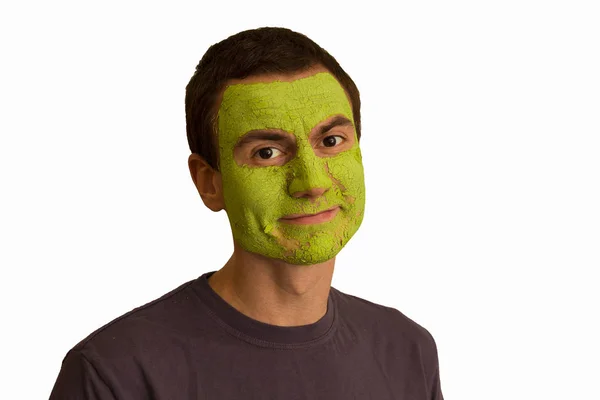 Portret Młodego Faceta Zieloną Maskę Robiąc Miny Białym Tle Izolować — Zdjęcie stockowe