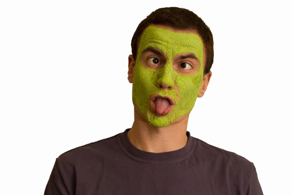 Porträt Eines Jungen Mannes Mit Grüner Gesichtsmaske Der Gesichter Auf — Stockfoto