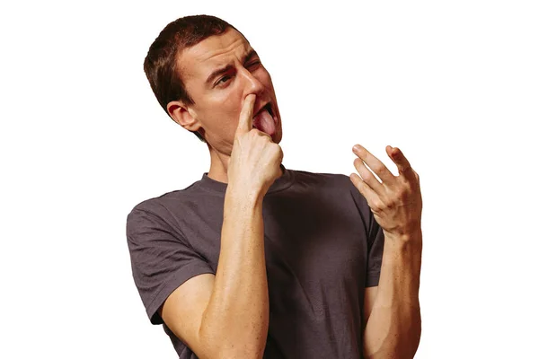 Guy Picks His Nose Isolate White Background — Stock Photo, Image