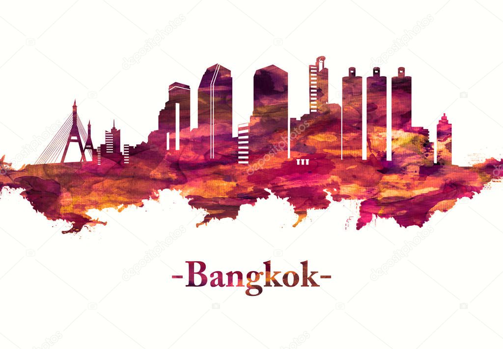 Red skyline of Bangkok, Thailands capital, large city known for ornate shrines and vibrant street life