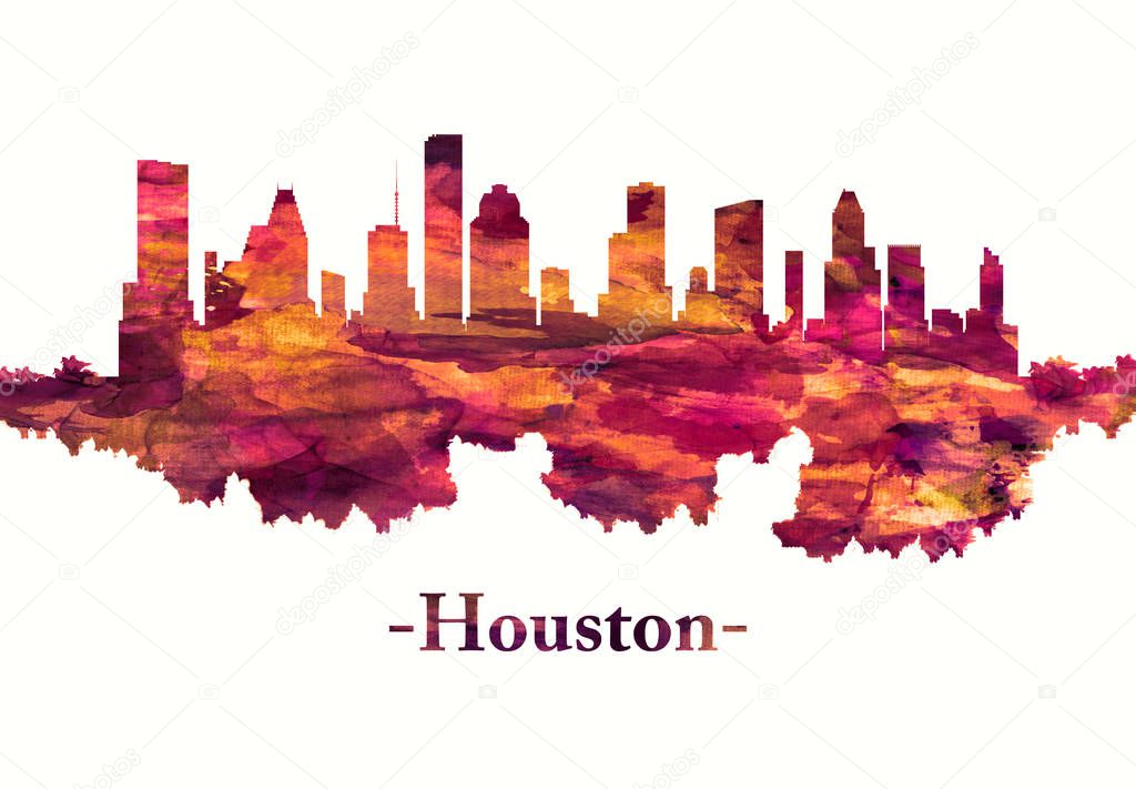 Red skyline of Houston, a large metropolis in Texas, extending to Galveston Bay