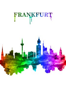 Portre Gökkuşağı Frankfurt silueti, ana nehir üzerinde merkezi bir Alman şehri.