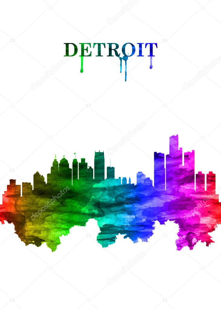 Portrait Rainbow skyline of Detroit, the largest city in the Midwestern state of Michigan
