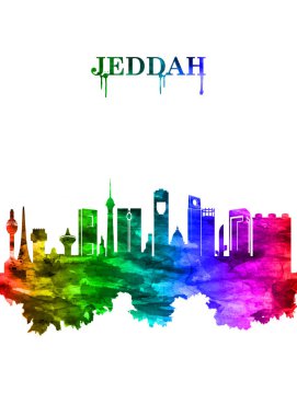 Gökkuşağı portresi, Suudi Arabistan 'ın Kızıldeniz' deki liman şehri Jeddah 'ın ufuk çizgisi, modern bir ticaret merkezi.