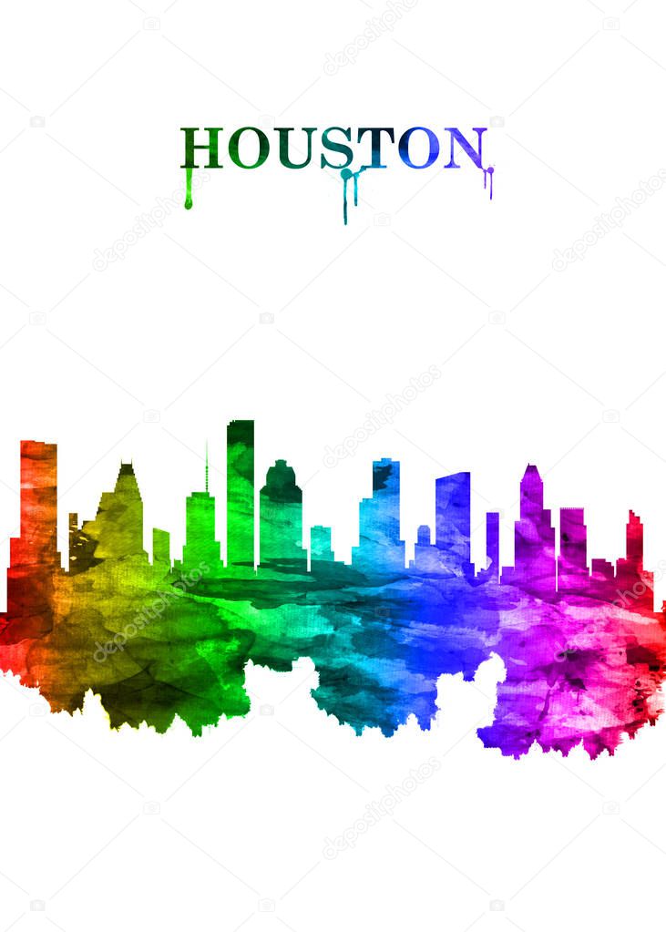 Portrait Rainbow skyline of Houston, a large metropolis in Texas, extending to Galveston Bay