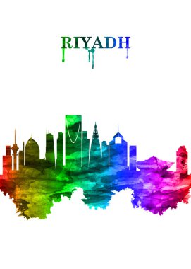 Suudi Arabistan 'ın başkenti Riyad' ın gökkuşağı silueti ve ana finans merkezi kırsal kesimde bir çöl platosu üzerindedir.