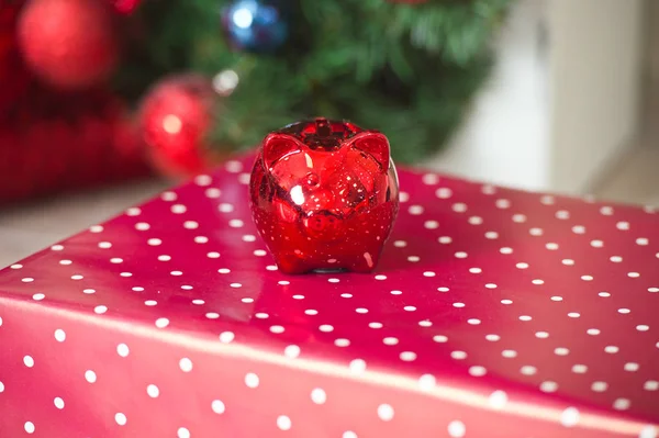 Year of pig. Beautifully decorated house with a tree and presents at Christmas.