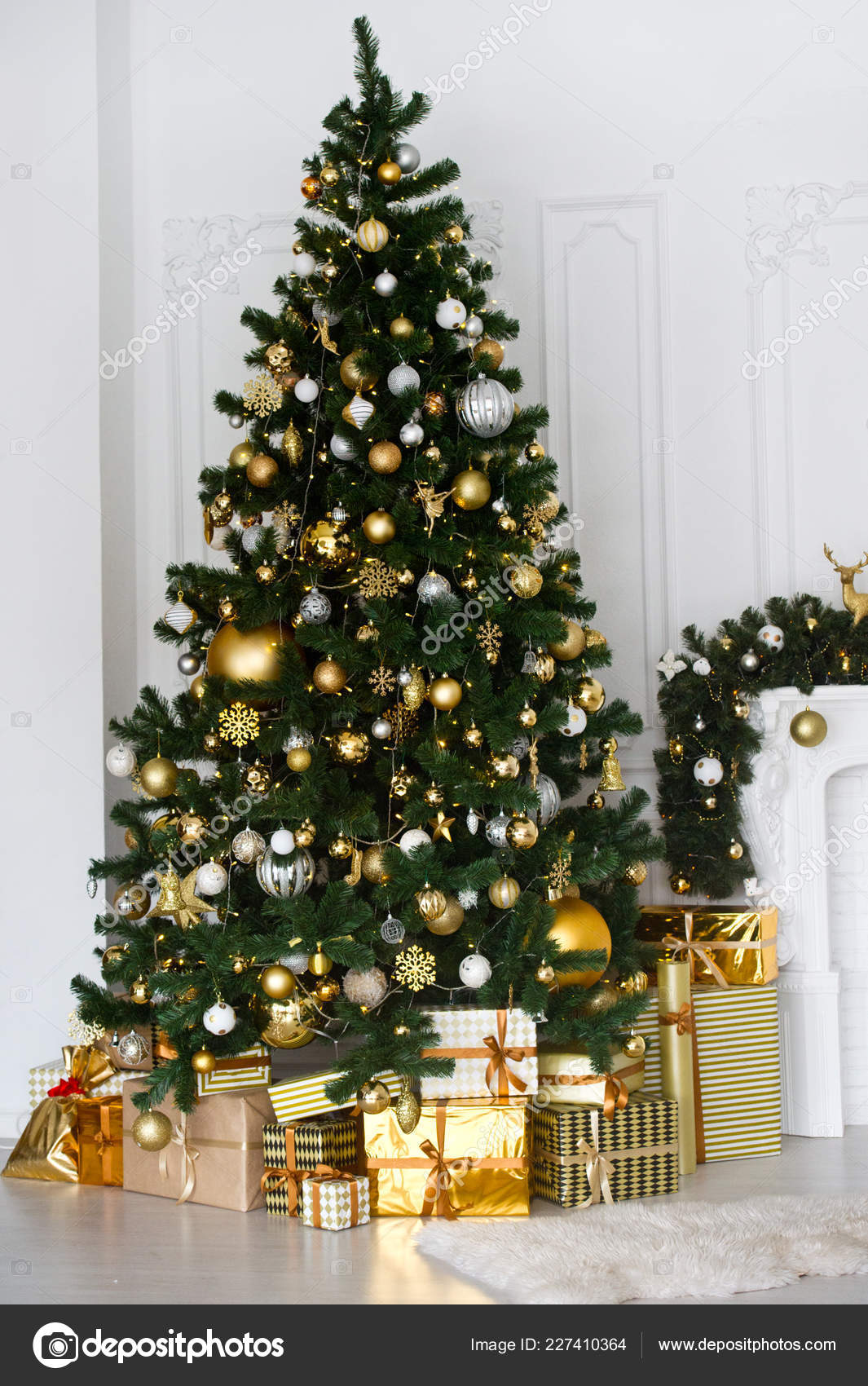 Beautifully Decorated House Gold Tree Presents Christmas Stock