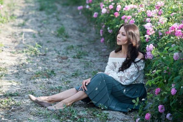 young woman in posing in pink roses field at daytime