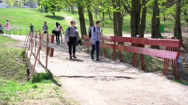 Mensen dwalen in groen park met bruine houten brug — Stockvideo