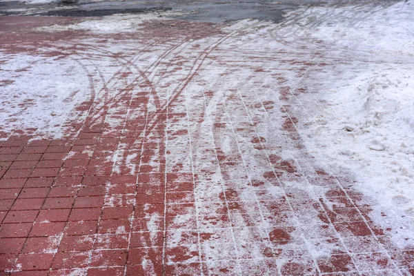 Slippery Winter Track Pedestrians Dusted Sand Salt Safety — Stock Photo, Image