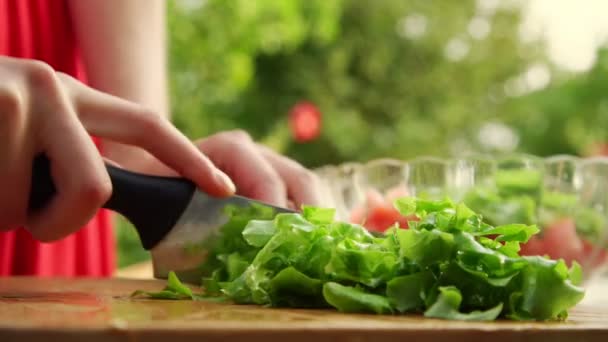 Lady cuts fresh green lettuce leaves and puts into bowl — Stock Video