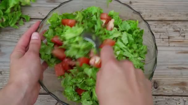 Woman prepares tasty vegetable salad mixes with spoon — Stock Video