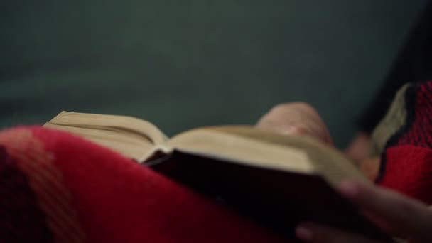 Blurry woman flips book pages sitting on sofa with plaid — Stock Video